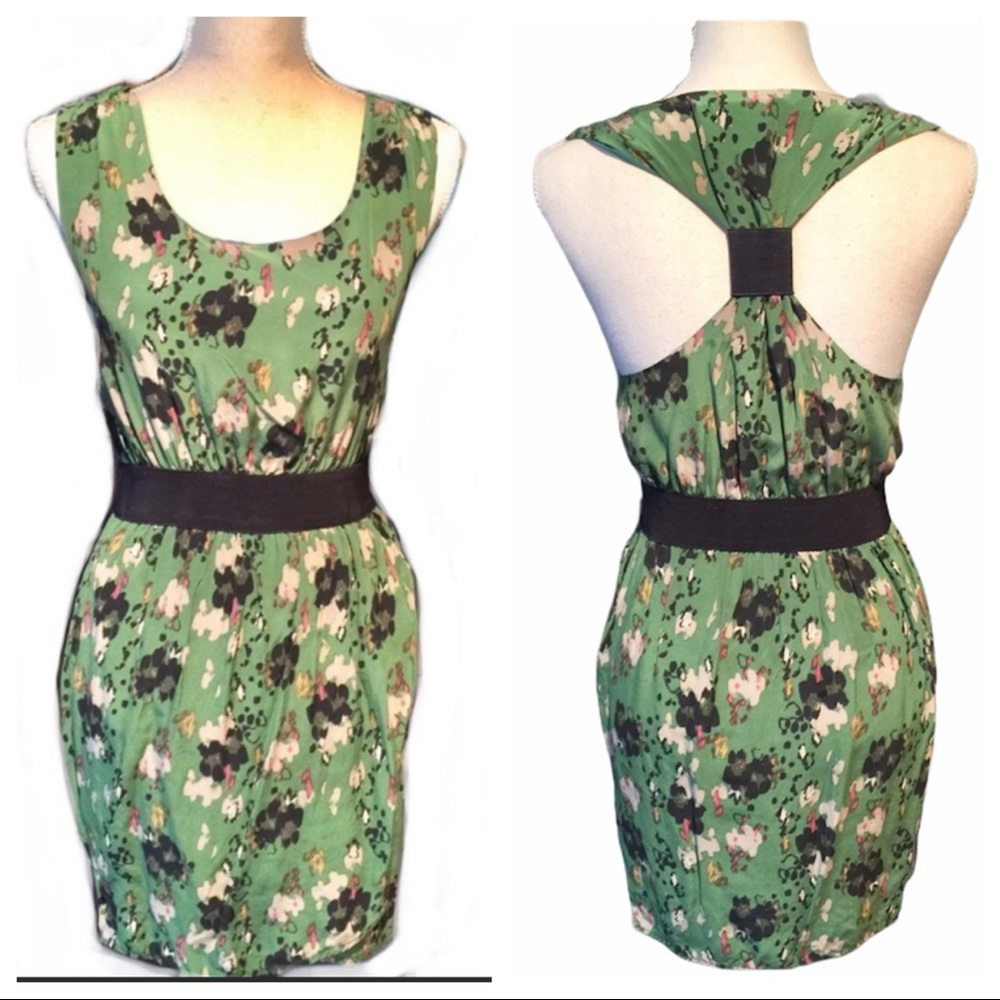 Anthropologie Green Floral Scoop-Back Dress